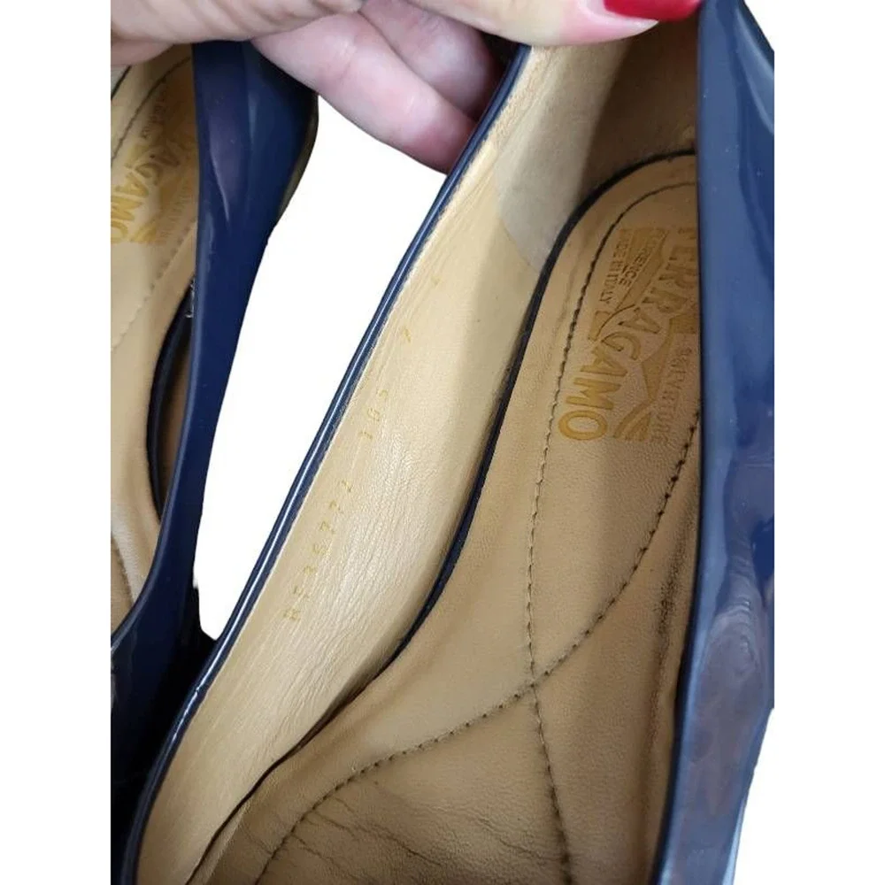 Salvatore Ferragamo Womens Varina Oxford Flat Shoes Blue Patent Leather Bow 7_5